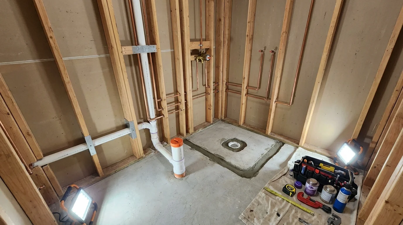 Bathroom rough-in plumbing during remodel by Johns Plumbing LLC in Hennepin