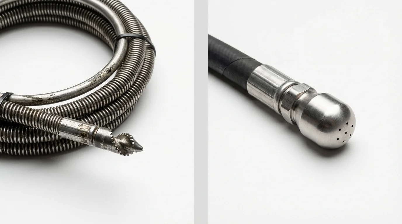 Drain snake cable and hydro jetting nozzle used for drain cleaning in Hennepin, IL