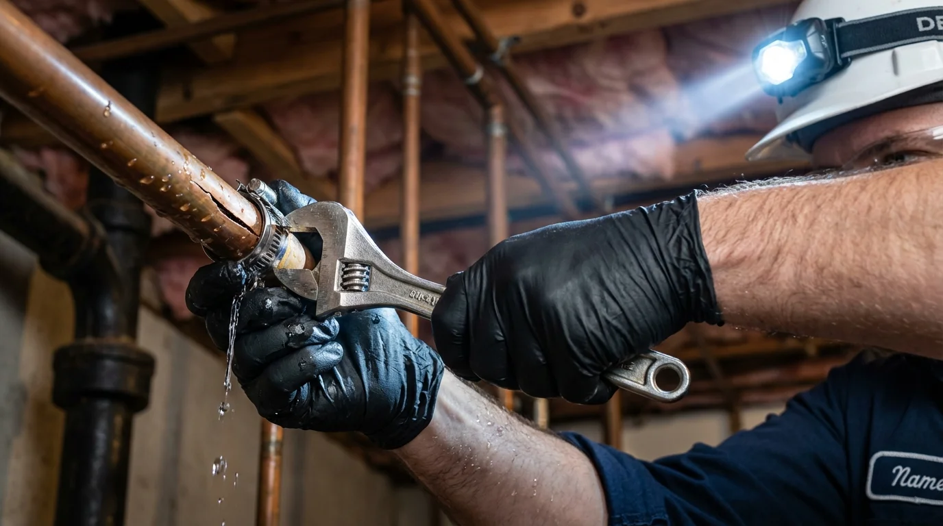 Emergency pipe clamp repair being performed by a Johns Plumbing LLC plumber in Hennepin