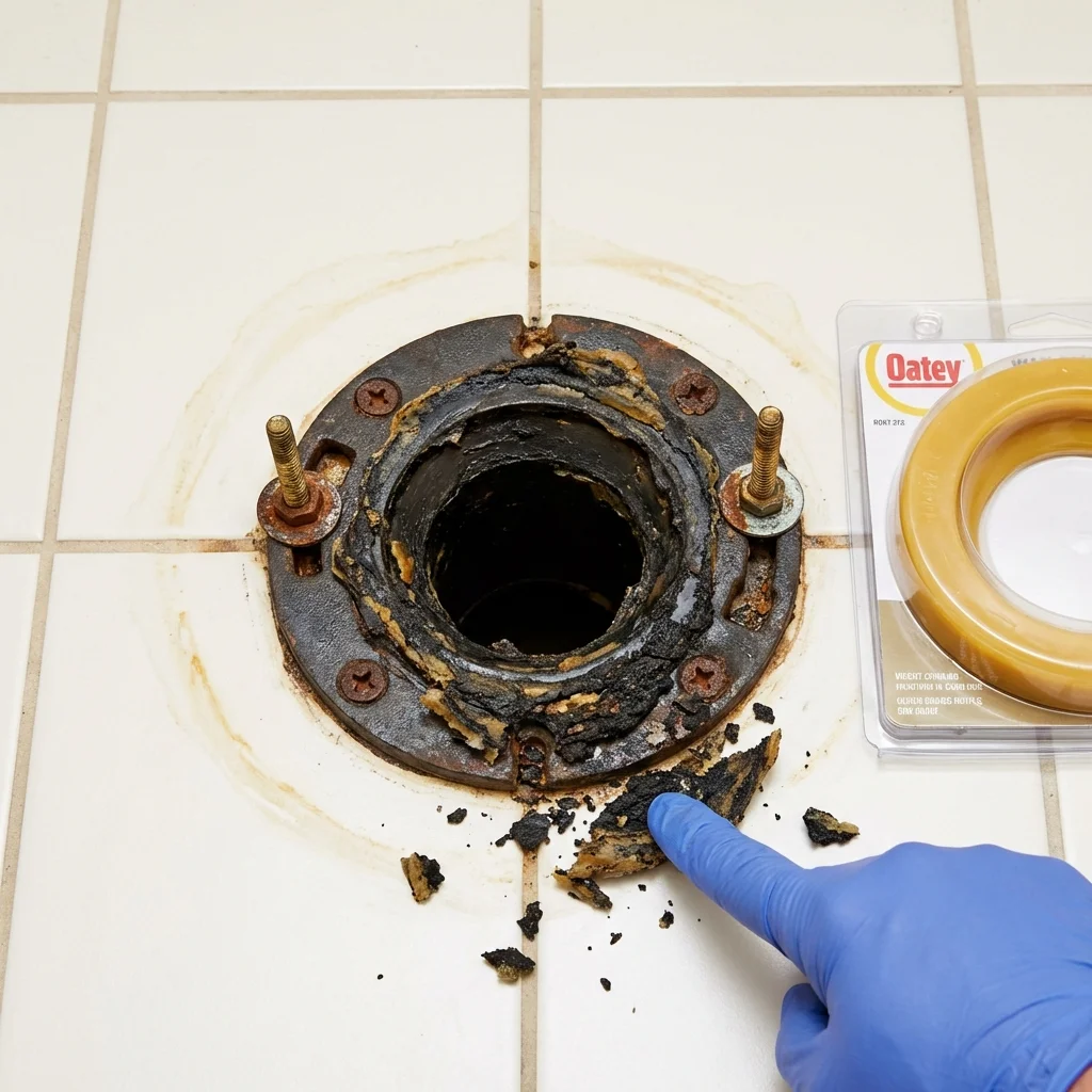 Failed wax ring showing water seepage at the base of a toilet in a Hennepin, IL home