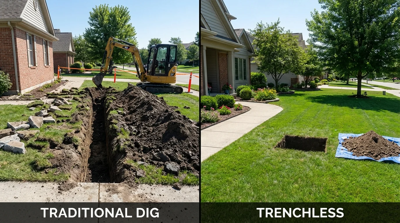 Trenchless sewer repair with minimal yard damage versus traditional excavation in Hennepin, IL