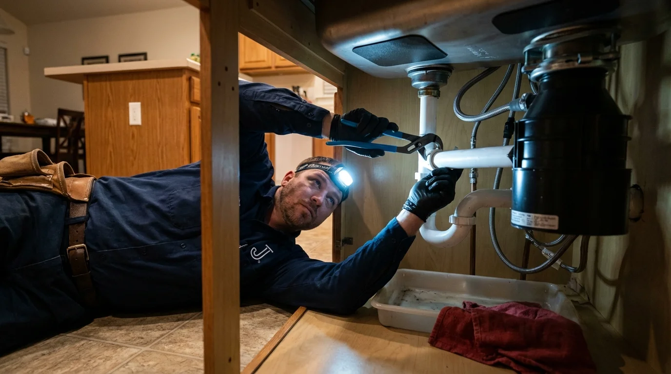 P-trap and supply line connections under a kitchen sink showing a common leak point in Hennepin, IL